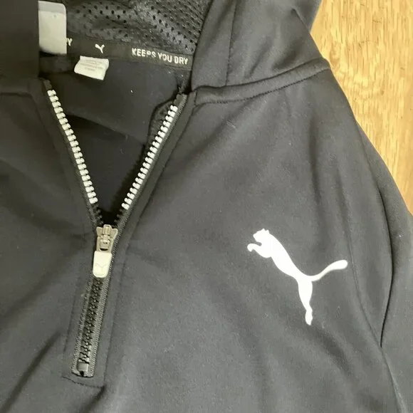 PUMA Men's Black 1/4 zip Hoodie Long Sleeve Sweatshirt Thumbholes Hood Size M - Picture 4 of 8